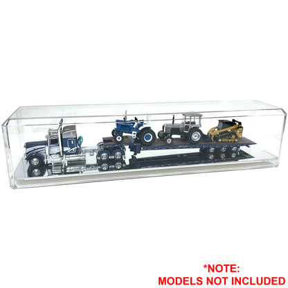 Clear plastic display case with a mirrored base holding a semi with tractor load on a white background. Model Not Included