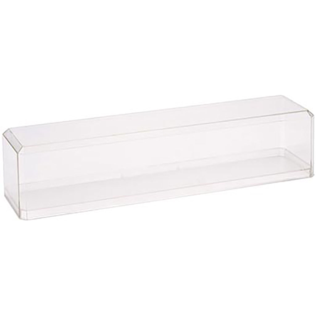 Clear plastic display case on a white background