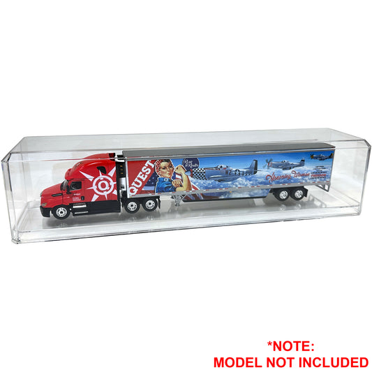 Model truck in a clear display case with 'Quest' branding on a white background