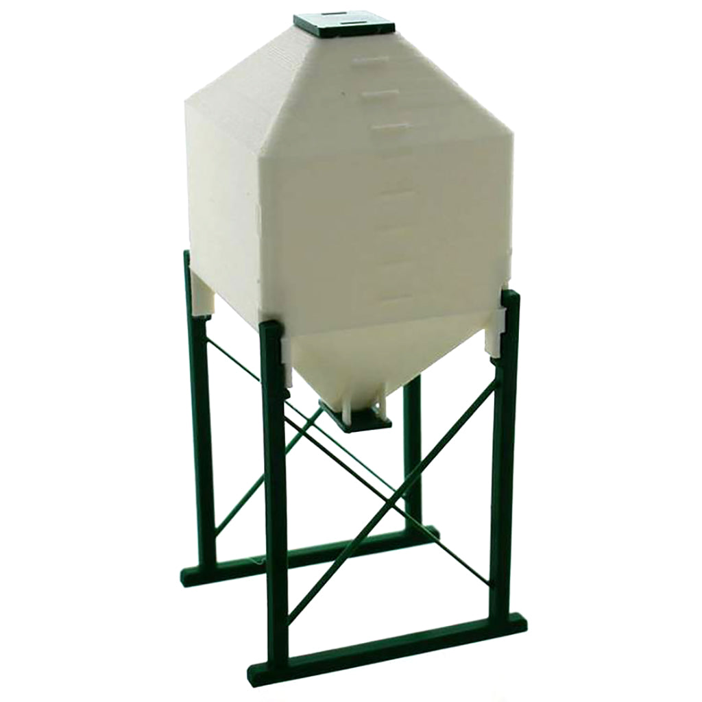White storage tank on a green metal stand against a white background