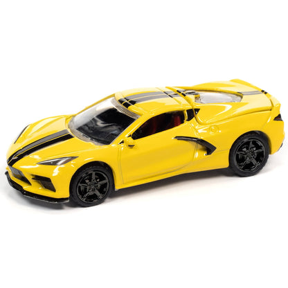 Yellow toy car with black details on a white background