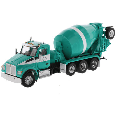 1:50th Scale Model of a Kenworth T880 Concrete Ready-Mix Truck with McNeilus Bridgemaster Concrete Mixer Body "Island Ready Mix" (Green/White) on a White Background