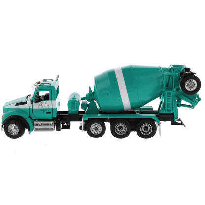 1:50th Scale Model of a Kenworth T880 Concrete Ready-Mix Truck with McNeilus Bridgemaster Concrete Mixer Body "Island Ready Mix" (Green/White) on a White Background