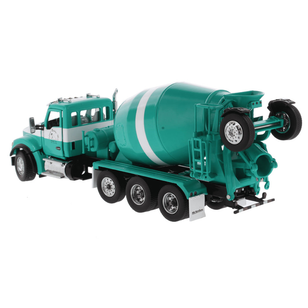 1:50th Scale Model of a Kenworth T880 Concrete Ready-Mix Truck with McNeilus Bridgemaster Concrete Mixer Body "Island Ready Mix" (Green/White) on a White Background