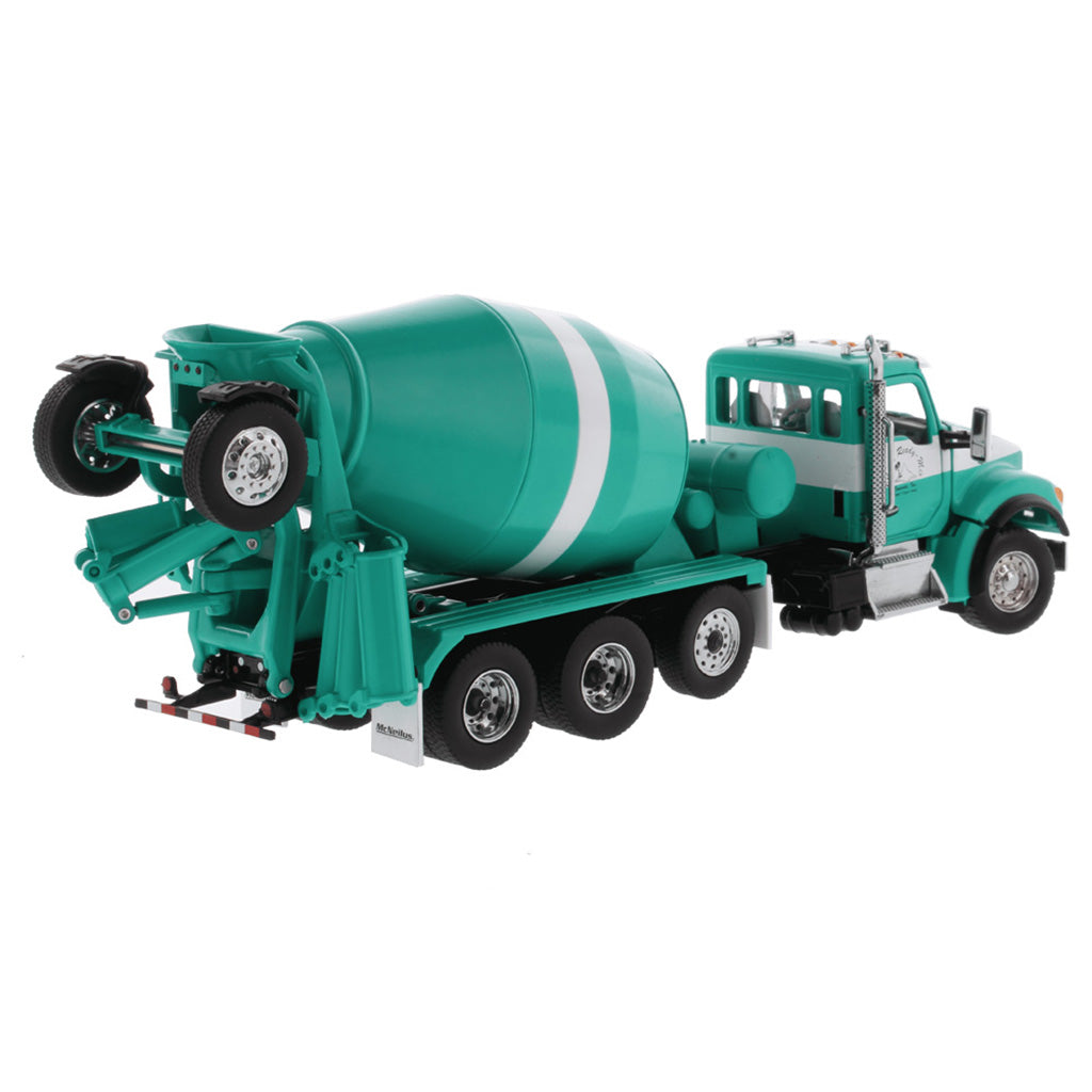 1:50th Scale Model of a Kenworth T880 Concrete Ready-Mix Truck with McNeilus Bridgemaster Concrete Mixer Body "Island Ready Mix" (Green/White) on a White Background