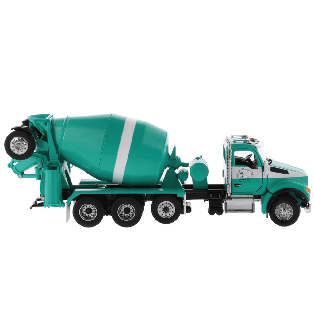 1:50th Scale Model of a Kenworth T880 Concrete Ready-Mix Truck with McNeilus Bridgemaster Concrete Mixer Body "Island Ready Mix" (Green/White) on a White Background