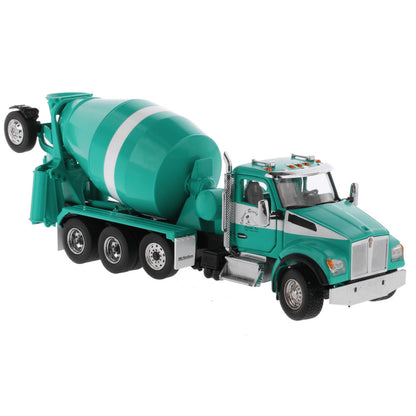 1:50th Scale Model of a Kenworth T880 Concrete Ready-Mix Truck with McNeilus Bridgemaster Concrete Mixer Body "Island Ready Mix" (Green/White) on a White Background