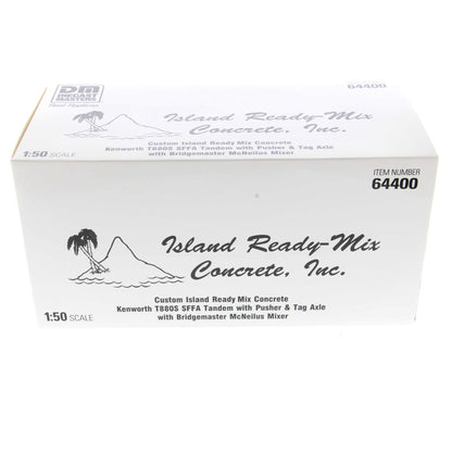 A white cardboard box of Island Ready-Mix Concrete, Inc. model kit mix, featuring a 1:50 scale logo and illustration of a small tropical island.