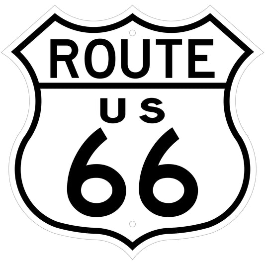 Route 66 sign with 'ROUTE US 66' text on a white background