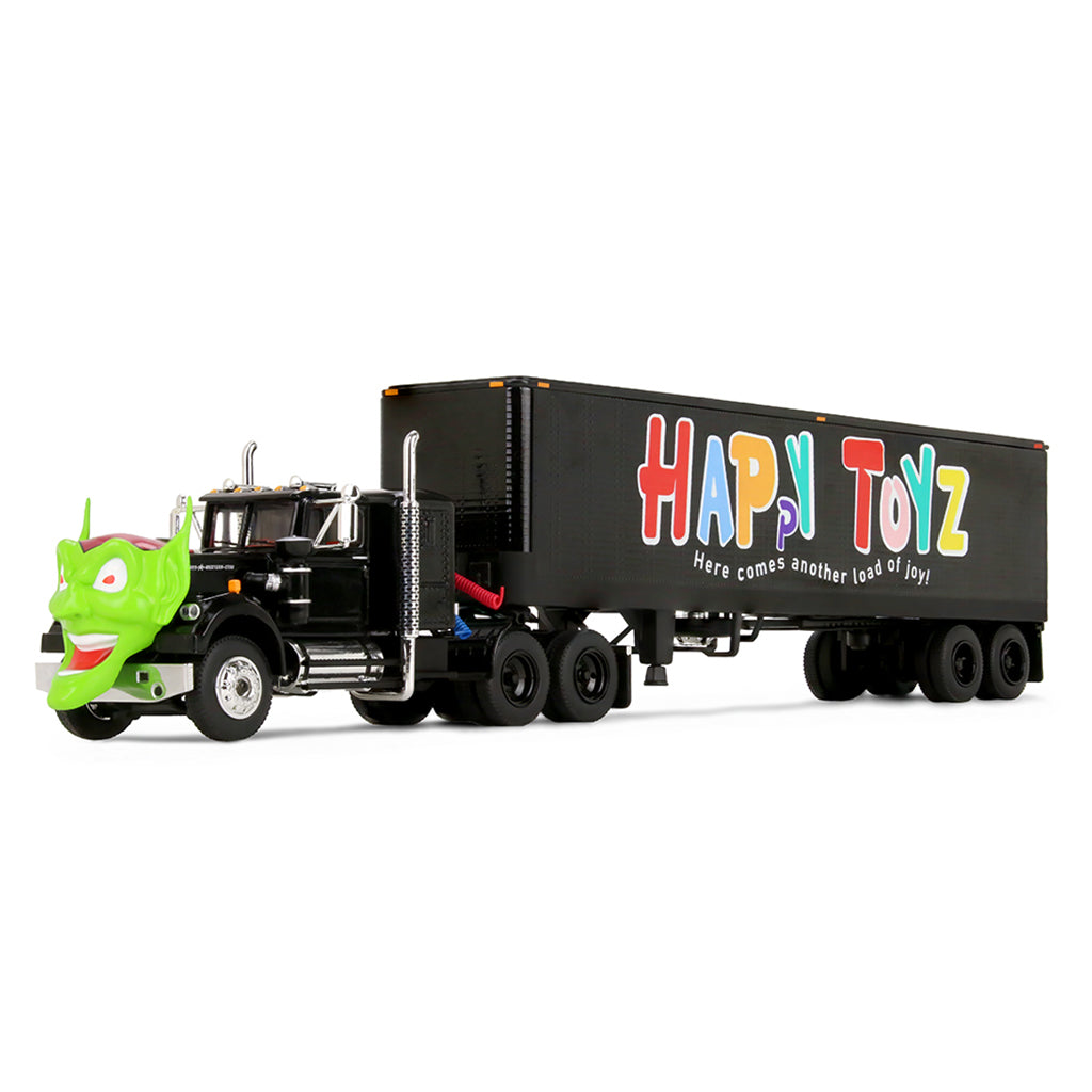Model of a black truck with a green goblin head on the front pulling a black trailer with Happy Toyz written on the side on a clean white background