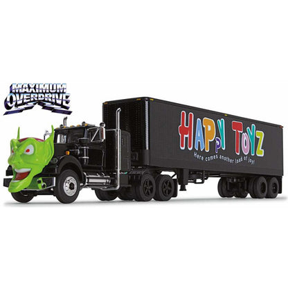 Model of a black truck with a green goblin head on the front pulling a black trailer with Happy Toyz written on the side on a clean white background