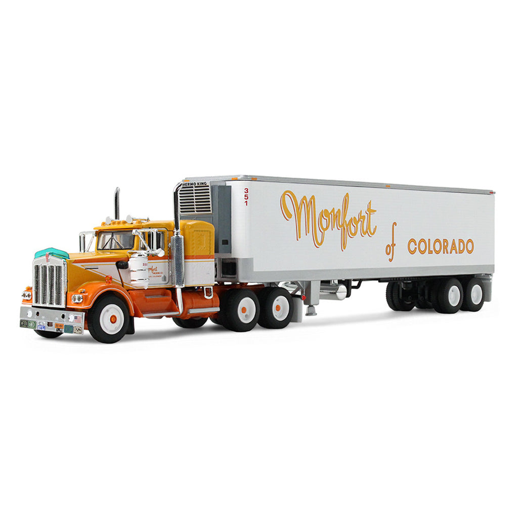 1:64th scale yellow, white, and orange model with a white refrigerated trailer with Yellow lettering saying Monfort of Colorado on the side photographed on a clean white background