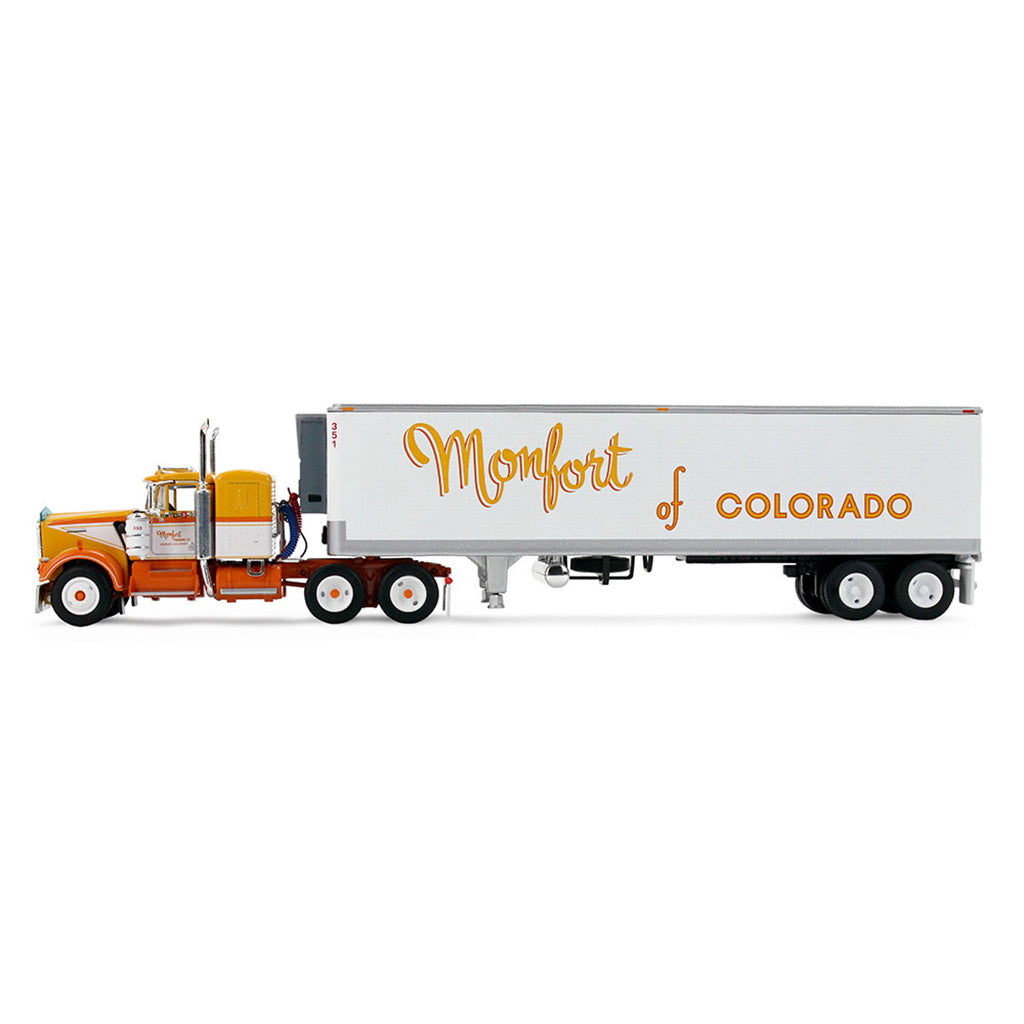 1:64th scale yellow, white, and orange model with a white refrigerated trailer with Yellow lettering saying Monfort of Colorado on the side photographed on a clean white background