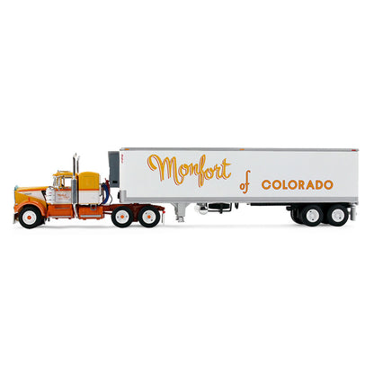 1:64th scale yellow, white, and orange model with a white refrigerated trailer with Yellow lettering saying Monfort of Colorado on the side photographed on a clean white background