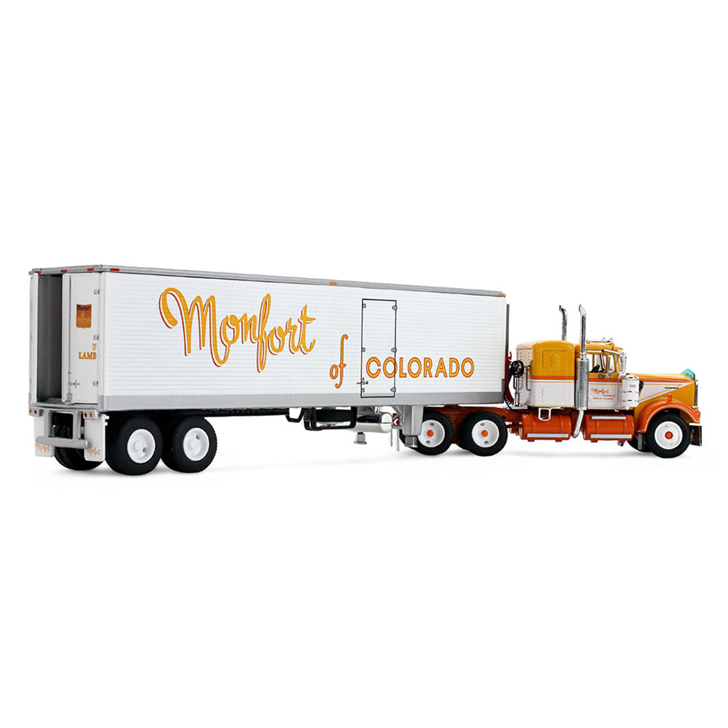 1:64th scale yellow, white, and orange model with a white refrigerated trailer with Yellow lettering saying Monfort of Colorado on the side photographed on a clean white background