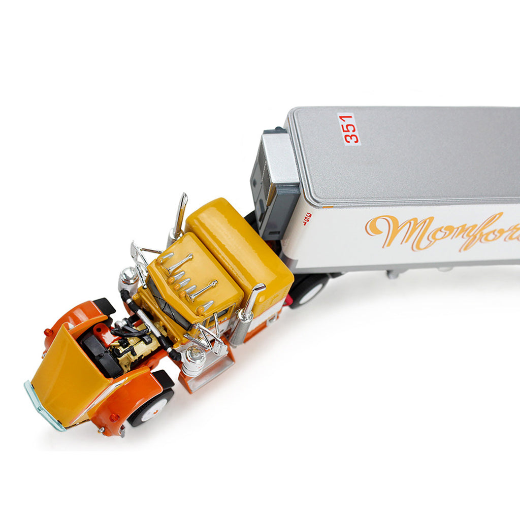 1:64th scale yellow, white, and orange model with a white refrigerated trailer with Yellow lettering saying Monfort of Colorado on the side photographed on a clean white background