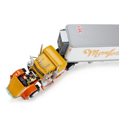 1:64th scale yellow, white, and orange model with a white refrigerated trailer with Yellow lettering saying Monfort of Colorado on the side photographed on a clean white background