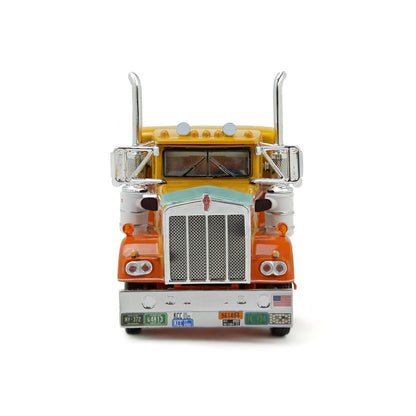 1:64th scale yellow, white, and orange model photographed on a clean white background