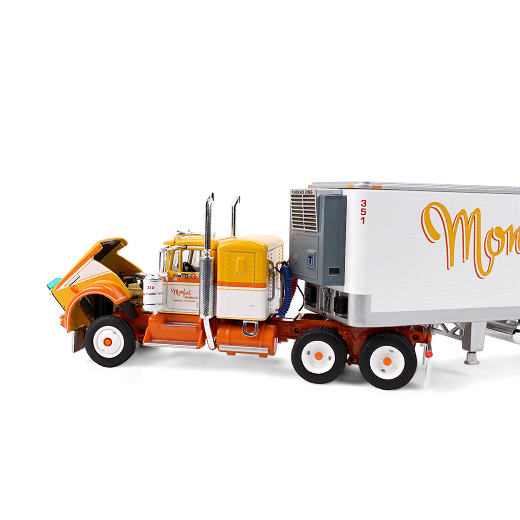 1:64th scale yellow, white, and orange model with a white refrigerated trailer with Yellow lettering saying Monfort of Colorado on the side photographed on a clean white background