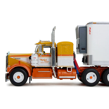1:64th scale yellow, white, and orange model with a white refrigerated trailer with Yellow lettering saying Monfort of Colorado on the side photographed on a clean white background