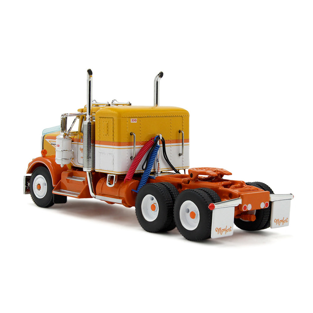1:64th scale yellow, white, and orange model photographed on a clean white background