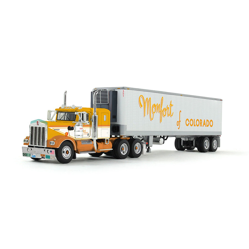 1:64th scale yellow, white, and orange model with a white refrigerated trailer with Yellow lettering saying Monfort of Colorado on the side photographed on a clean white background