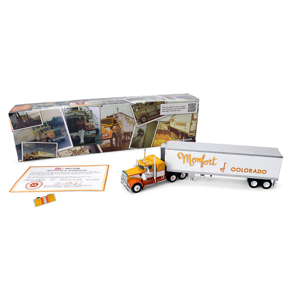 1:64th scale yellow, white, and orange model with a white refrigerated trailer with Yellow lettering saying Monfort of Colorado on the side with colorful packaging photographed on a clean white background