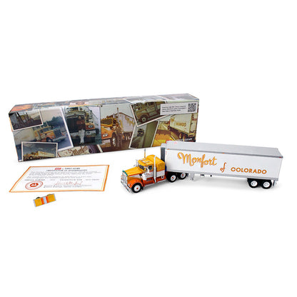 1:64th scale yellow, white, and orange model with a white refrigerated trailer with Yellow lettering saying Monfort of Colorado on the side with colorful packaging photographed on a clean white background