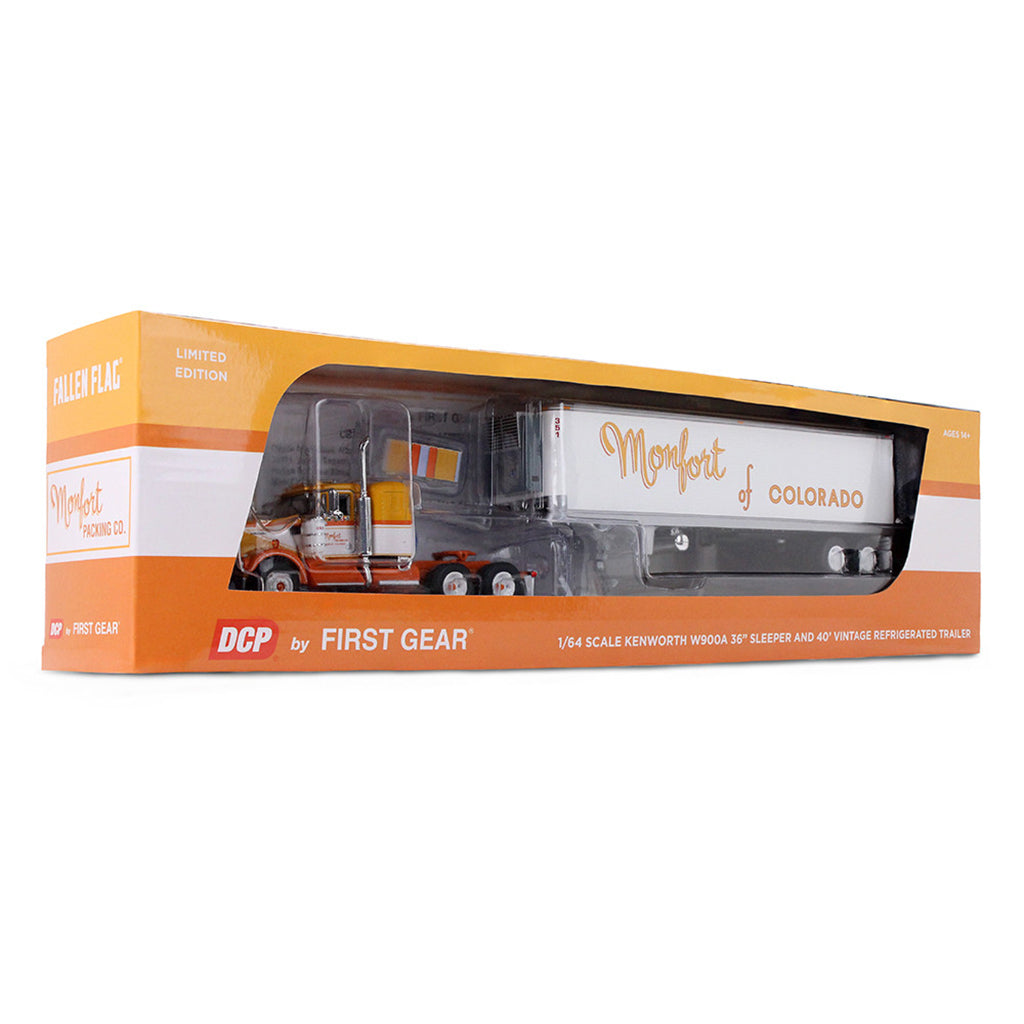 1:64th scale yellow, white, and orange model with a white refrigerated trailer with Yellow lettering saying Monfort of Colorado on the side with colorful packaging photographed on a clean white background