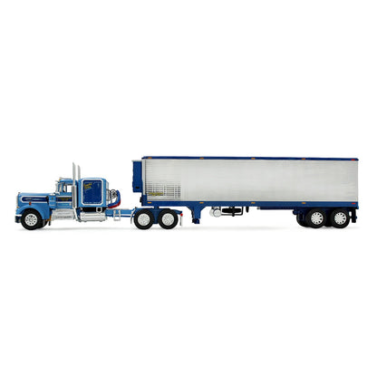 Model of a blue and white truck with a trailer on a white background