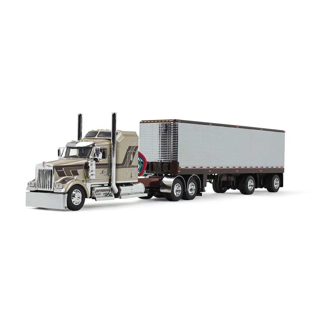 A detailed diecast model of a semi-truck with a silver refrigerated trailer, shown on a clean white background.