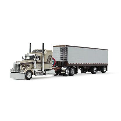 A detailed diecast model of a semi-truck with a silver refrigerated trailer, shown on a clean white background.