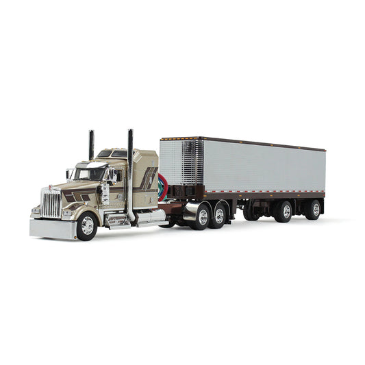 A detailed diecast model of a semi-truck with a silver refrigerated trailer, shown on a clean white background.