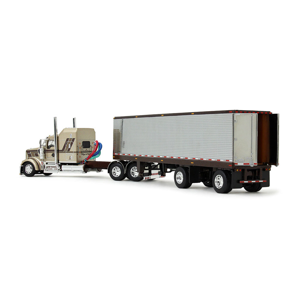 A detailed diecast model of a semi-truck with a silver refrigerated trailer, shown on a clean white background.