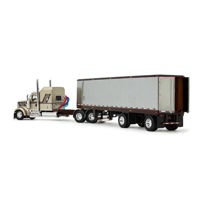 A detailed diecast model of a semi-truck with a silver refrigerated trailer, shown on a clean white background.