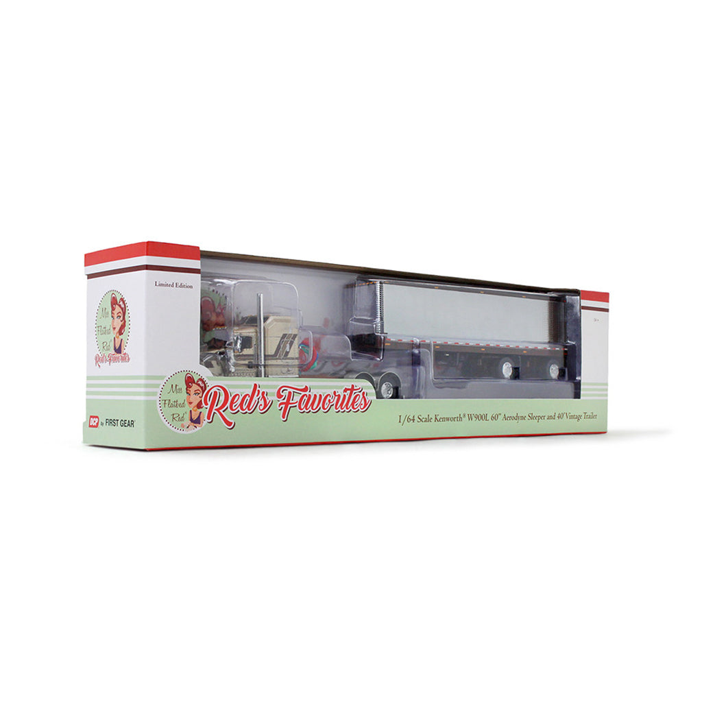 A boxed 1/64 scale model toy truck set on a white background. The packaging is white with red and green accents and a clear window showing the model semi-truck inside.