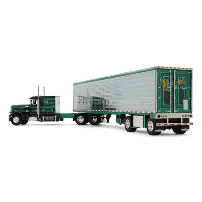 Model of a green and silver truck with a trailer on a white background