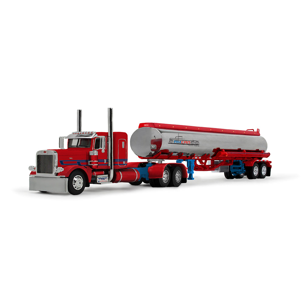 Red tanker truck model on a white background