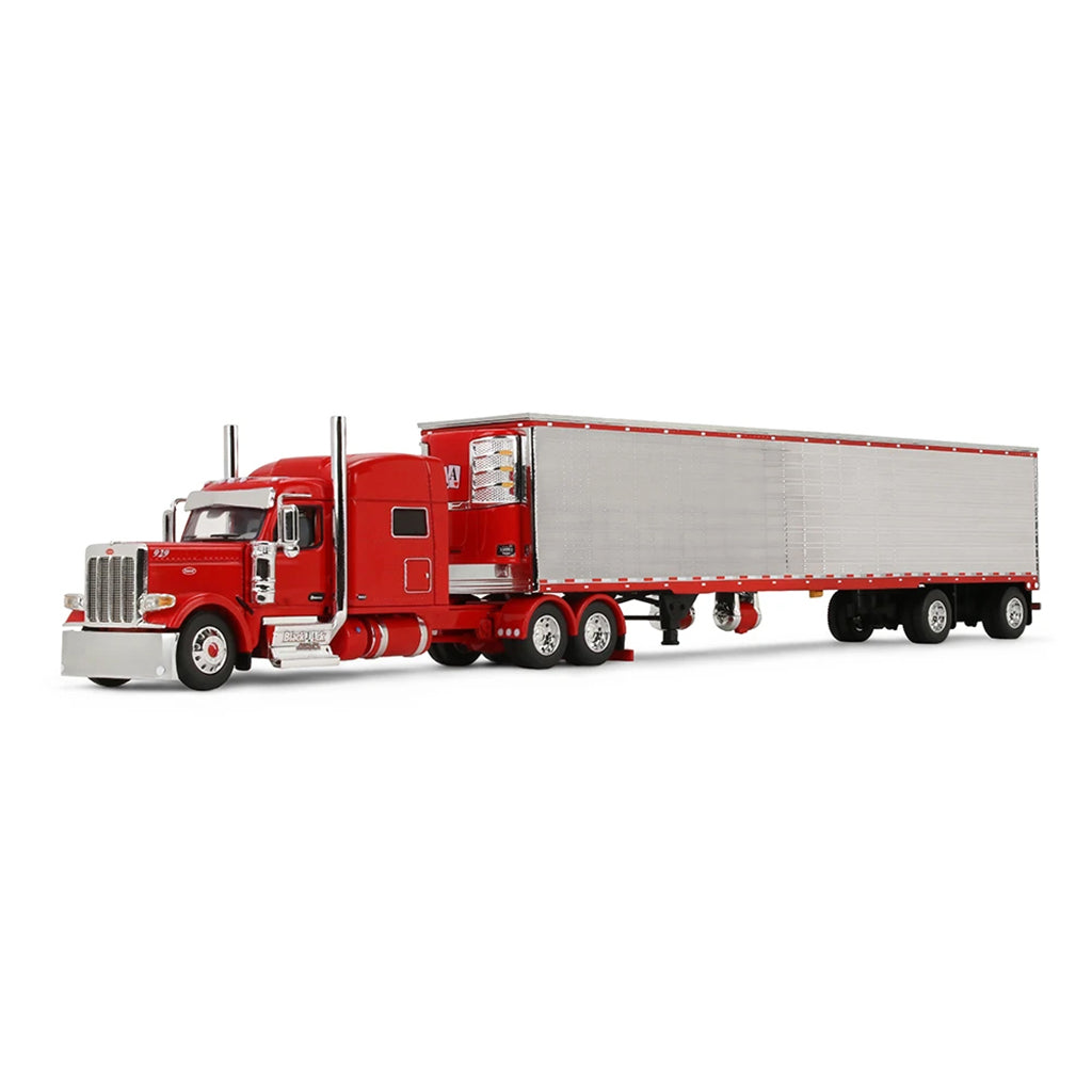 Red semi-truck with a white trailer on a white background