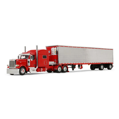 Red semi-truck with a white trailer on a white background