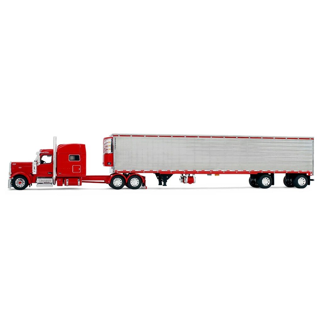 Red semi-truck with a white trailer on a white background