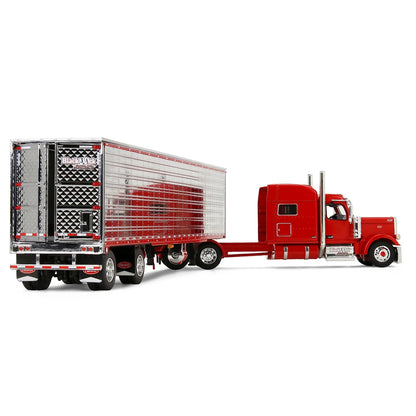 Red semi-truck with a white trailer on a white background