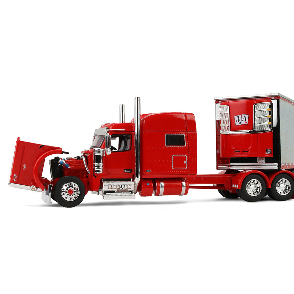 Red semi-truck with a white trailer on a white background