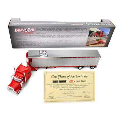 Model truck with trailer and certificate of authenticity on a white background, featuring BlackJack branding.
