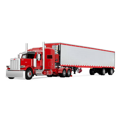 Red semi-truck with a white trailer on a white background