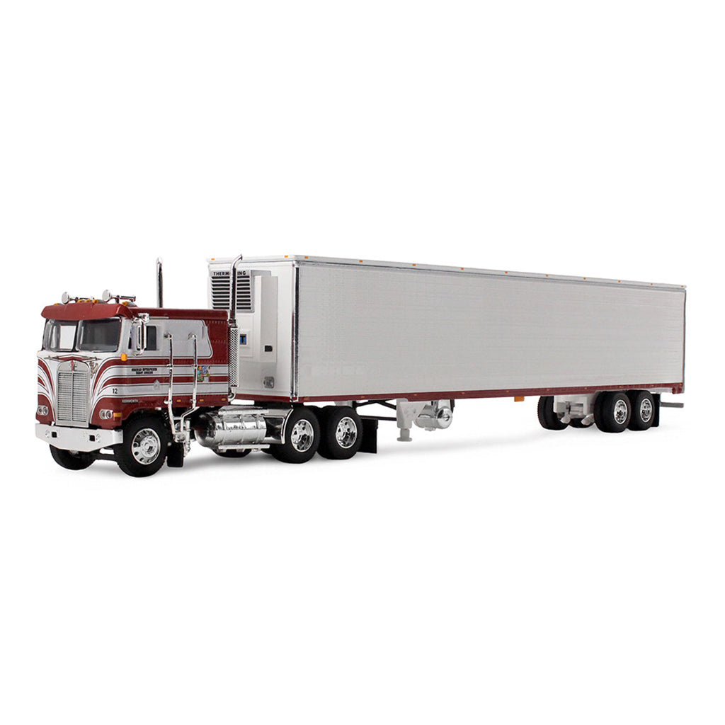1:64th scale red and white diecast cab over truck model with white trailer on a clean white background