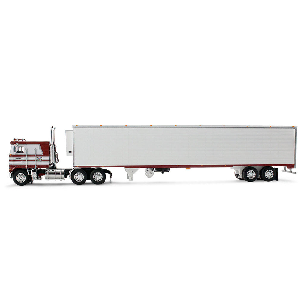 1:64th scale red and white diecast cab over truck model with white trailer on a clean white background