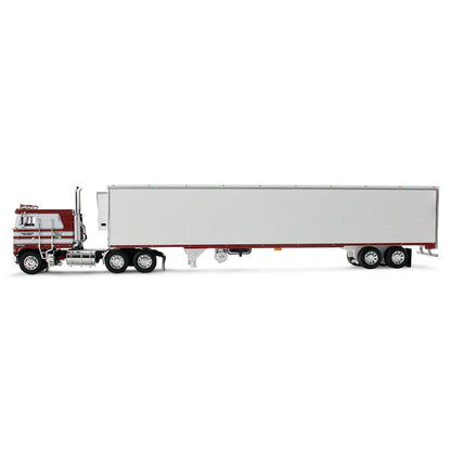 1:64th scale red and white diecast cab over truck model with white trailer on a clean white background