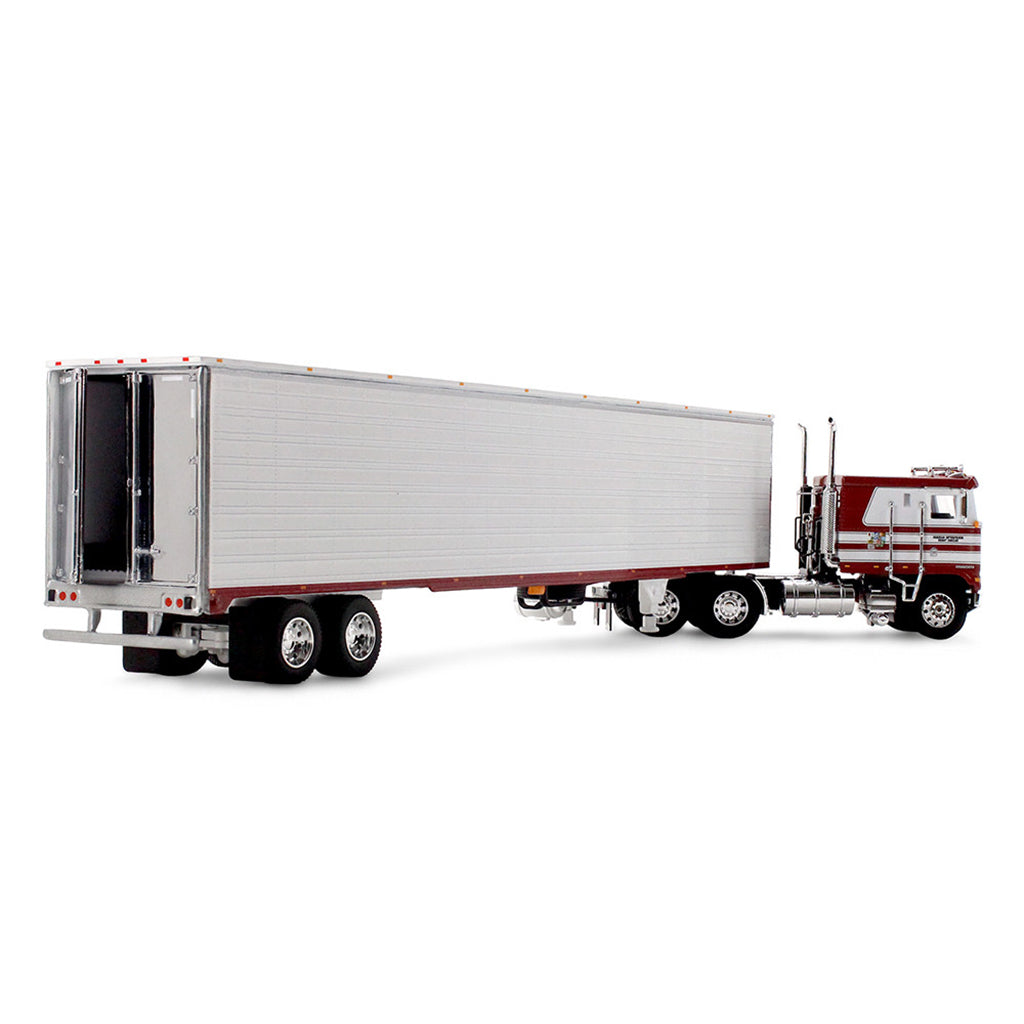 1:64th scale red and white diecast cab over truck model with white trailer on a clean white background