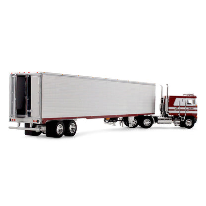 1:64th scale red and white diecast cab over truck model with white trailer on a clean white background